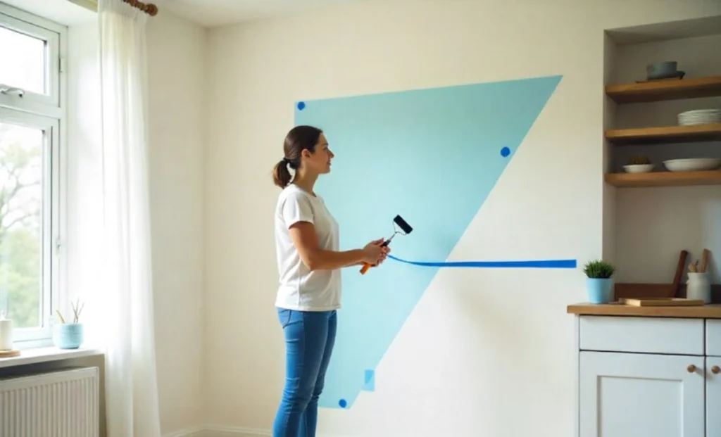 Beginner applying peel-and-stick wallpaper to living room wall showing easy home improvement hacks anyone can do