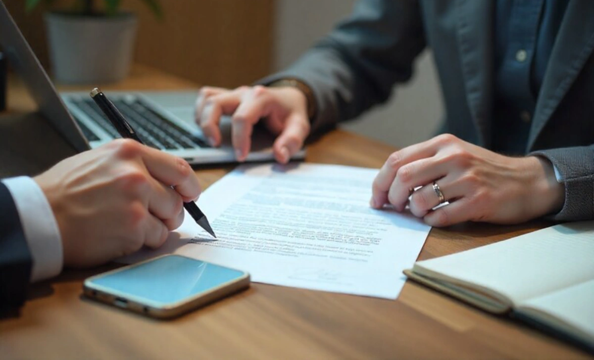 Legal Self-Defense Guide for Everyday Situations and Contracts Person reviewing legal documents and digital contracts on laptop representing everyday legal consequences and self-defense strategies