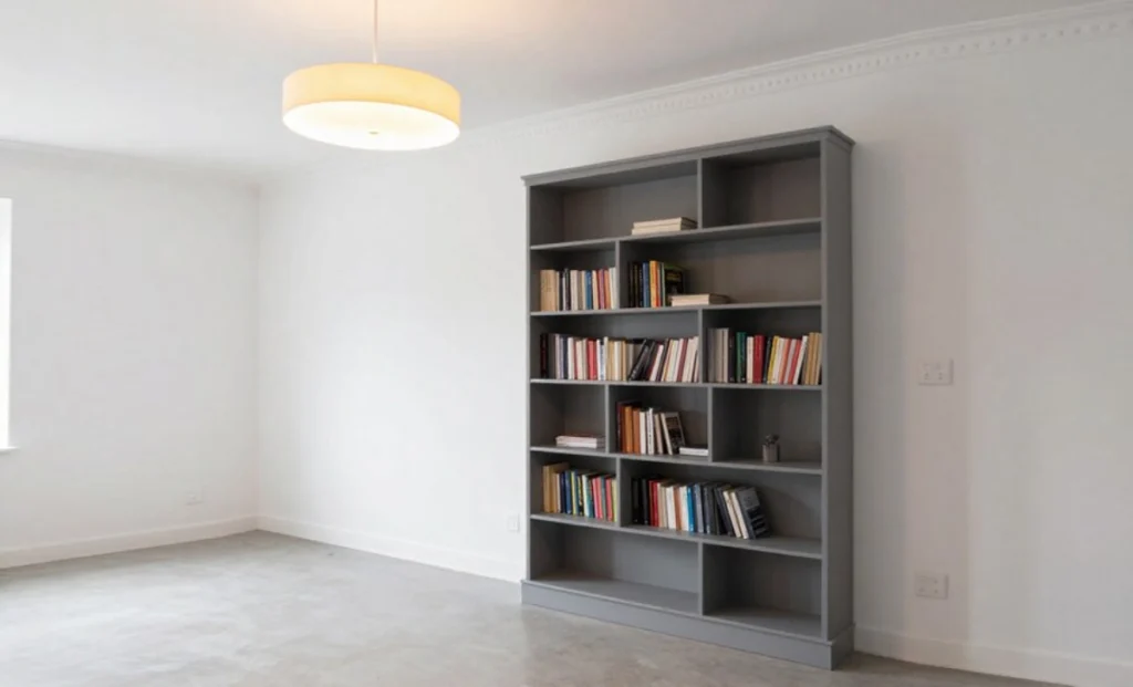 Low-cost home improvements including painted cabinets, LED lighting, and crown molding in modern living room