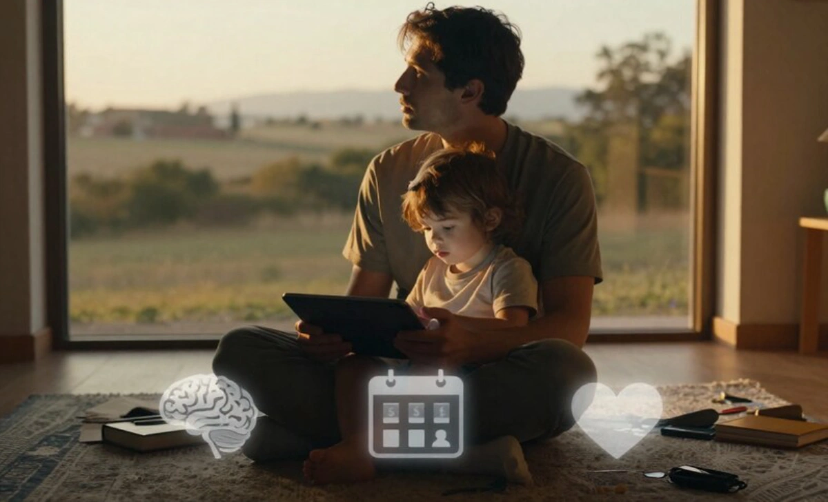 A tired but thoughtful mother and father sitting on a couch with their young child, contemplating the real reasons parenting feels harder and what strategies can help.