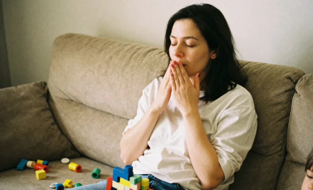 A mother and father practicing calm emotional regulation with their child to reduce parenting stress and prevent yelling.