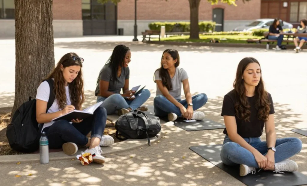 Diverse college students managing the transition to college by practicing integrated wellness habits like studying outdoors, walking, and mindfulness on campus.