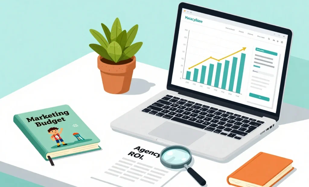 A professional flat illustration showing a laptop with analytics charts, symbolizing the search for affordable digital marketing agencies that deliver measurable ROI.