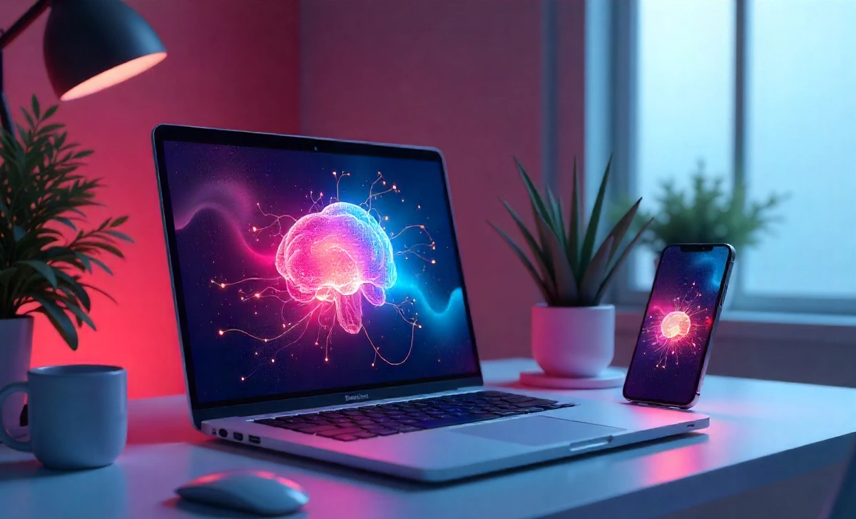 A professional workspace showing a laptop with AI-generated art next to a smartphone displaying a social media ad.