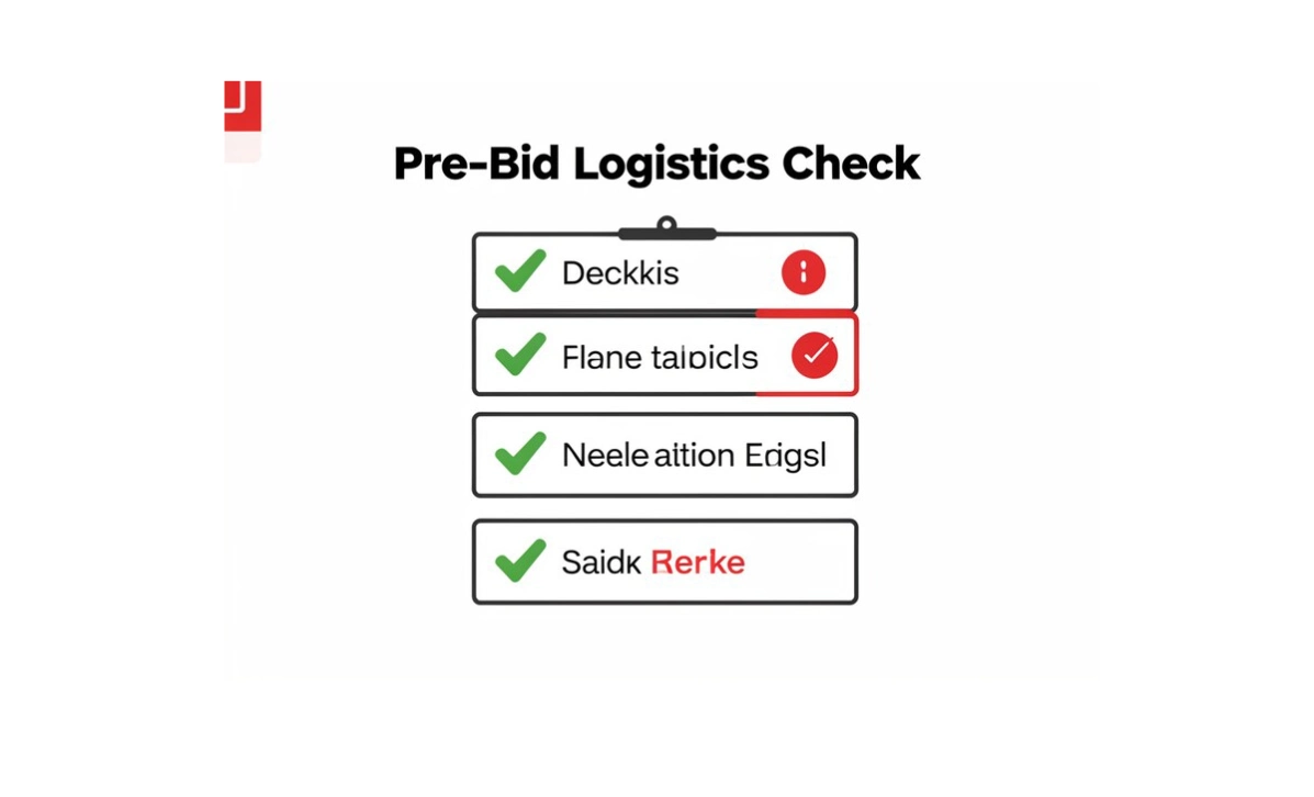 Pre-bid logistics checklist for airport lost luggage auctions showing pickup location, hours, vehicle needs, and payment requirements

