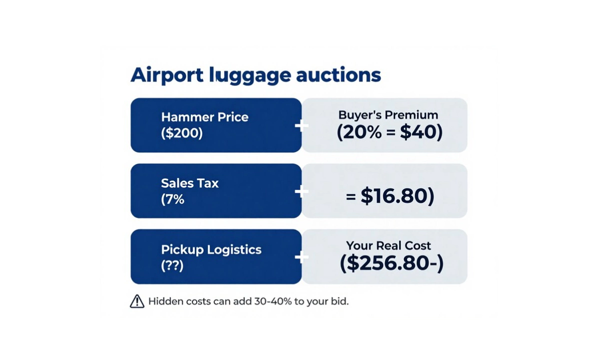 Airport luggage auction true cost breakdown showing hammer price, buyer's premium, sales tax, and logistics fees
