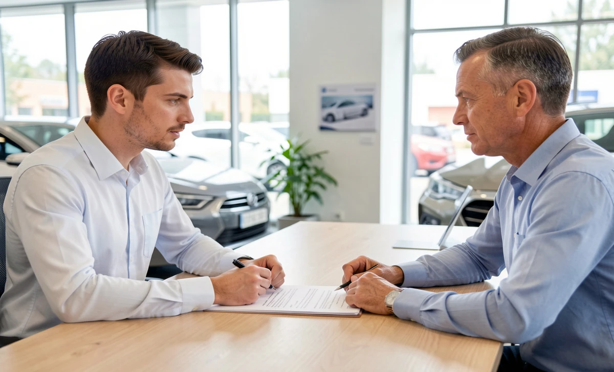 Car buyer negotiating with a finance manager at a dealership