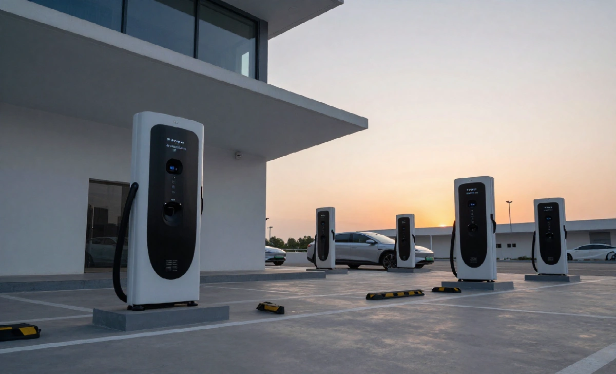 Empty EV fast-charging station in China at dusk