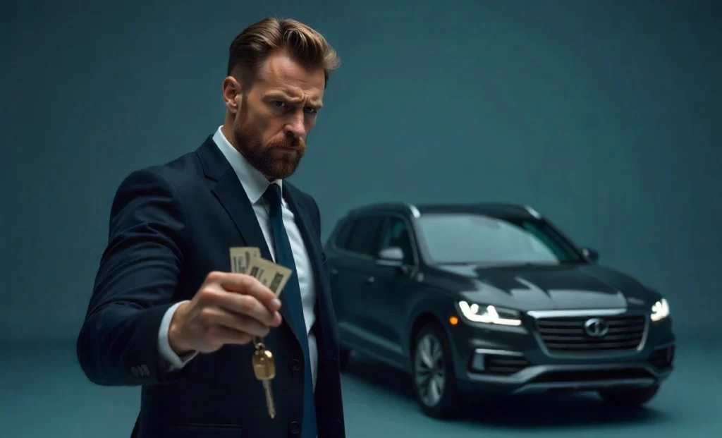 Man hesitating to sign a car buyer's contract, highlighting the costly mistake of not reviewing fees on a $50,000 vehicle purchase.