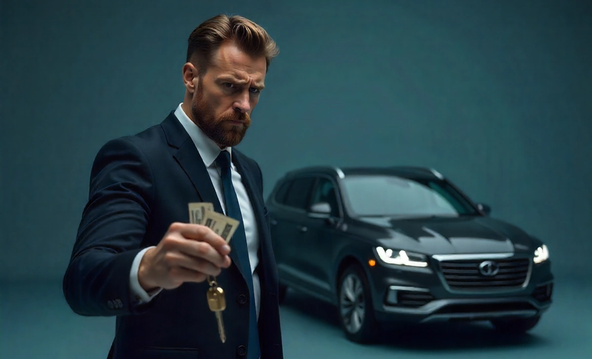 Man hesitating to sign a car buyer's contract, highlighting the costly mistake of not reviewing fees on a $50,000 vehicle purchase.