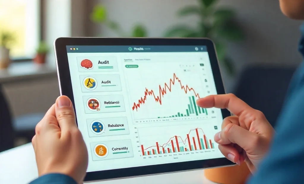 A professional investor using a tablet to follow a 3-step plan for managing a cryptocurrency portfolio during a market sell-off.