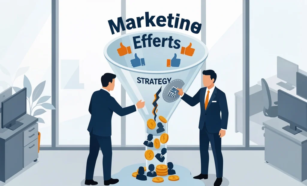A professional plugging a leak in a marketing funnel to stop clients and revenue from being lost, illustrating common digital marketing mistakes.