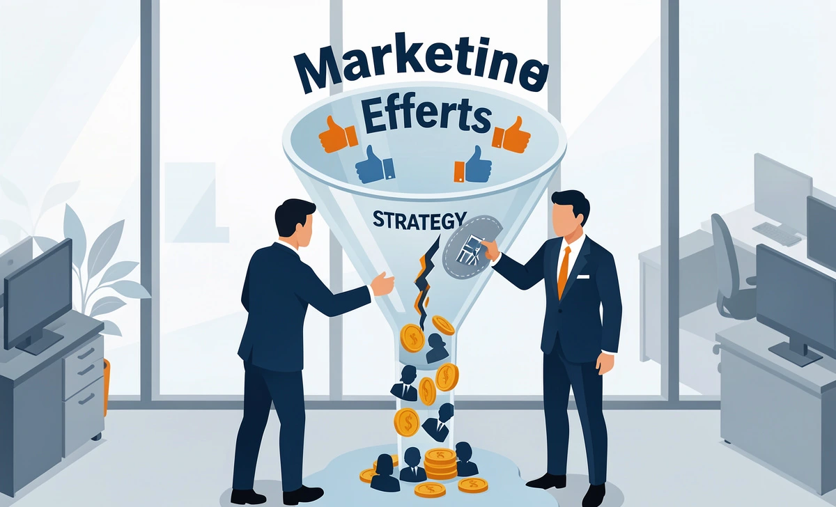 digital-marketing-mistakes-client-leakage-funnel-illustration A professional plugging a leak in a marketing funnel to stop clients and revenue from being lost, illustrating common digital marketing mistakes.