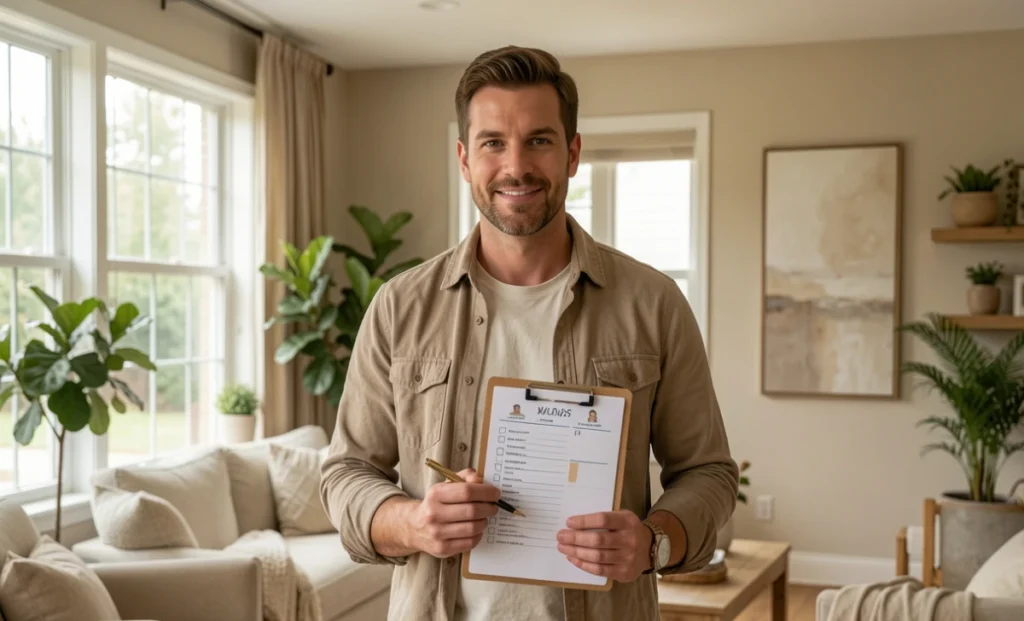 Homeowner completing DIY weekend projects with checklist in renovated room