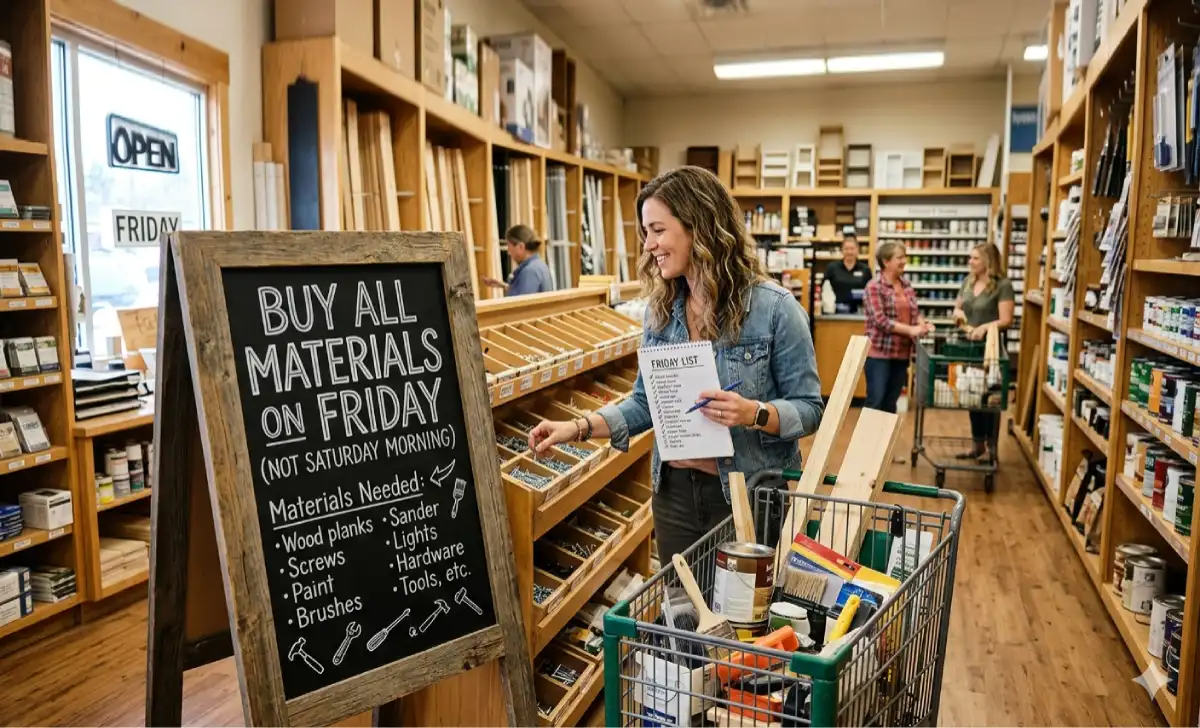 Organized DIY project materials laid out on garage floor before weekend project
