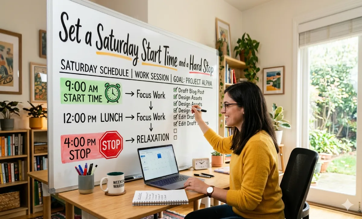 Weekend project schedule written on whiteboard with time blocks