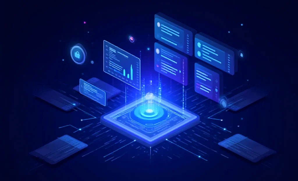 Futuristic tech interface showing Dougahozonn online community platform with zone-based architecture, digital network nodes, and engagement analytics dashboard
