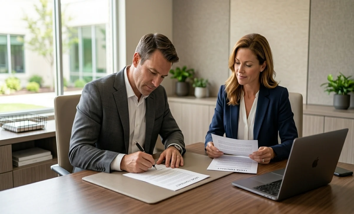 Two people reviewing and signing a legal document at a desk representing everyday legal basics