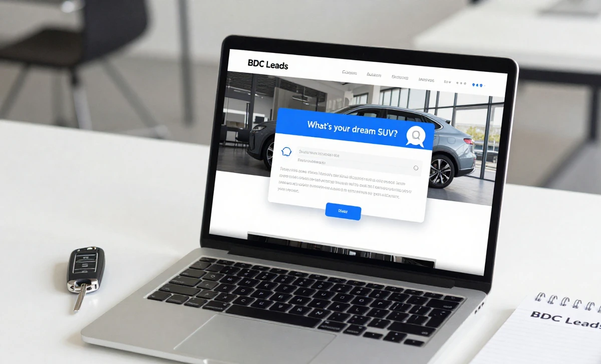 Close-up of a laptop showing an auto dealer website using the FAQVehicle.com chatbot to generate sales leads, with a key fob and notebook on a modern desk.