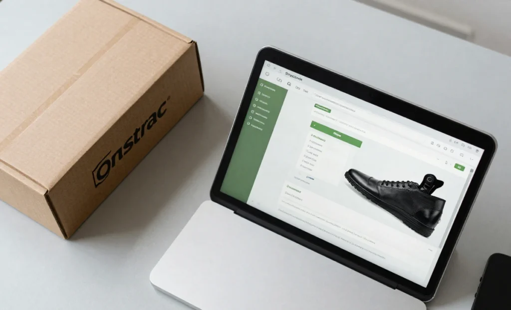 Step-by-step guide to setting up Fastrac Ontrac shipping automation on a Shopify dashboard, featuring a laptop, shipping box, and label printer.