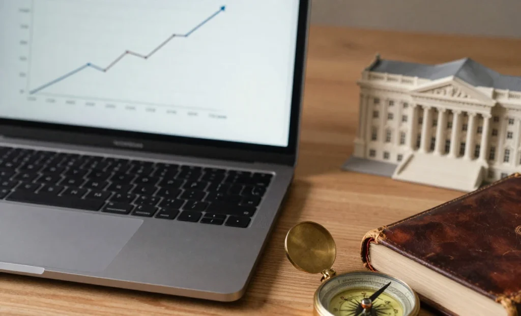 Expert guide to investing in heritage tourism with laptop showing financial growth chart and cultural symbols