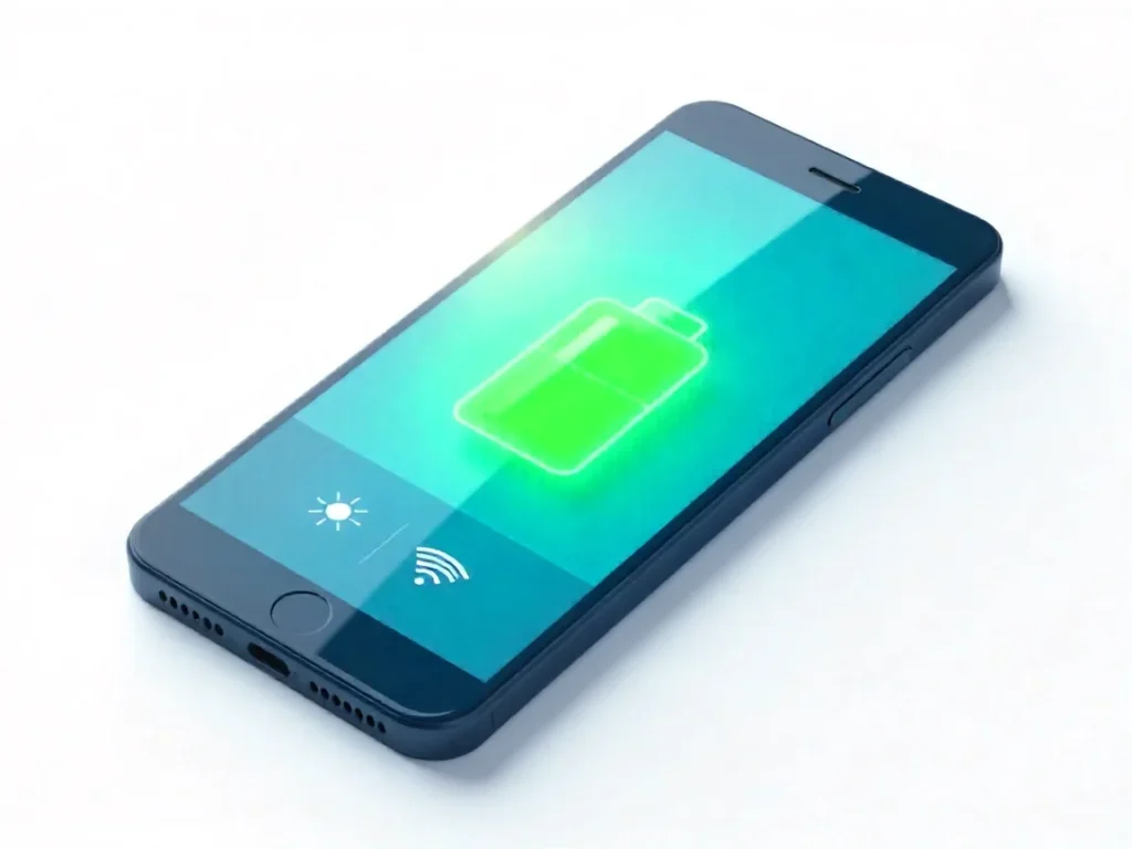Illustration showing a smartphone with a healthy battery percentage and common battery-saving icons like a low brightness sun and a Wi-Fi symbol.
