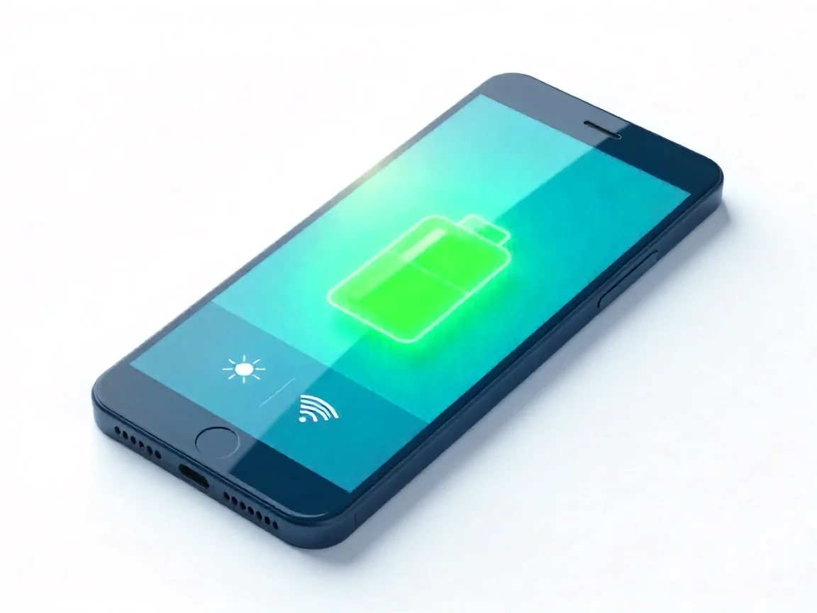 Illustration showing a smartphone with a healthy battery percentage and common battery-saving icons like a low brightness sun and a Wi-Fi symbol.