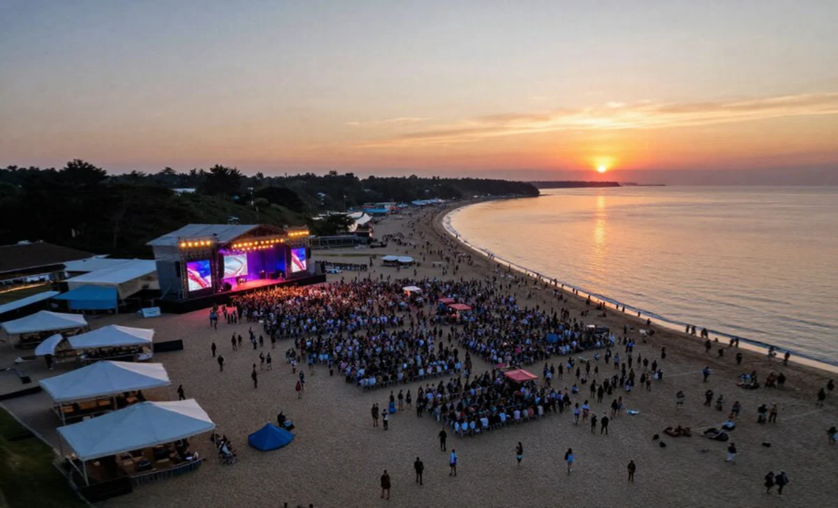 Largest Concert Crowds Ever Recorded - Massive Beach Performance Aerial view of Largest Concert Crowds gathered at beach venue with millions of attendees