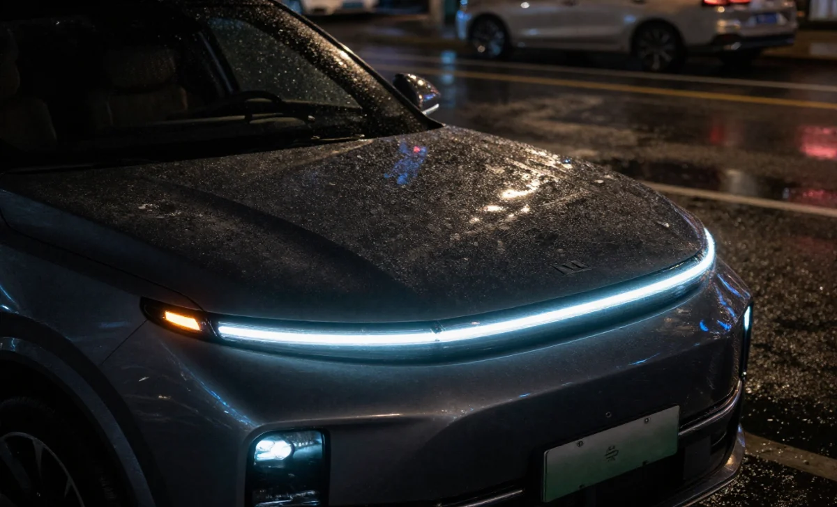 Li Auto L9 SUV parked on a wet city street at night