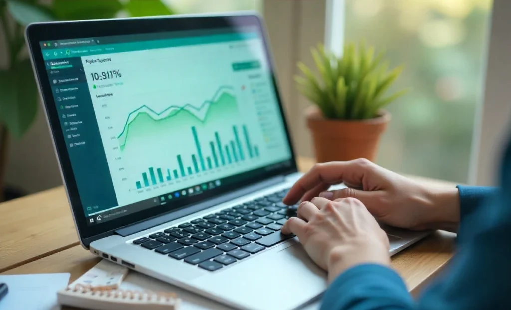 Beginner using the Lustmap24 AI dashboard on laptop to analyze real estate investment properties with data maps and graphs.