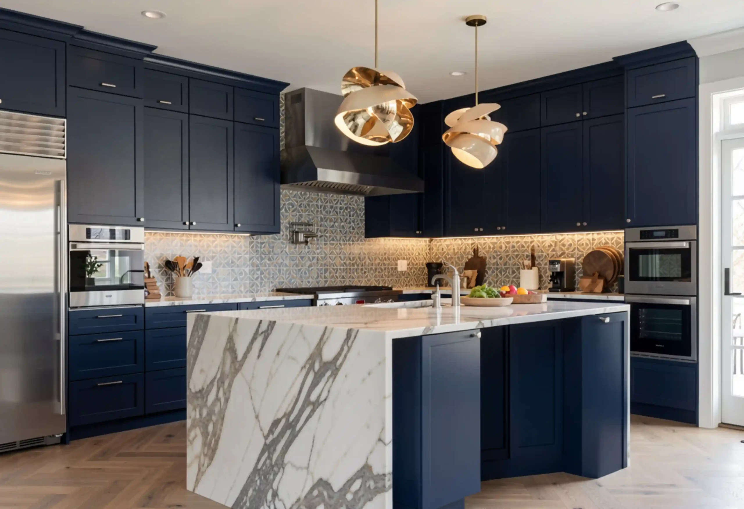 Luxury kitchen renovation with navy blue shaker cabinets, book-matched quartzite waterfall island, and unlacquered brass hardware