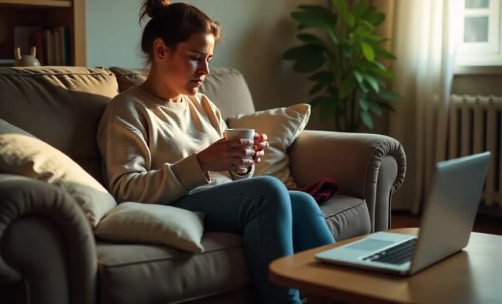 A tired parent takes a quiet moment to breathe on the couch, representing the search for relief from daily parental overwhelm.