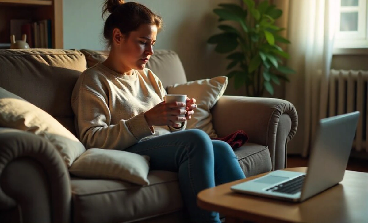 A tired parent takes a quiet moment to breathe on the couch, representing the search for relief from daily parental overwhelm.