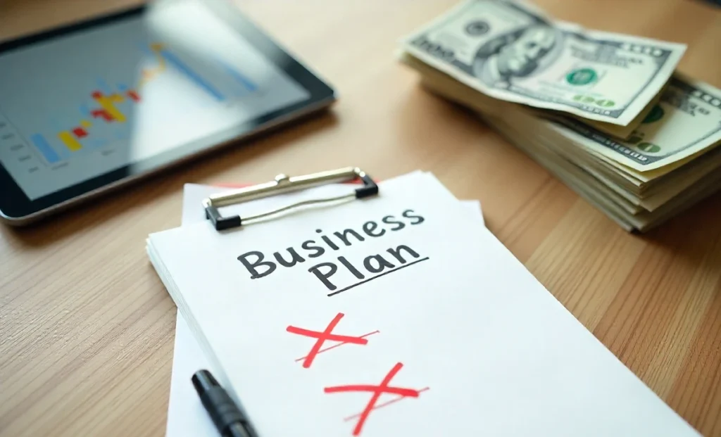 Professional infographic depicting three critical mistakes in a real estate agent business plan on a desk, with a graph showing loss.