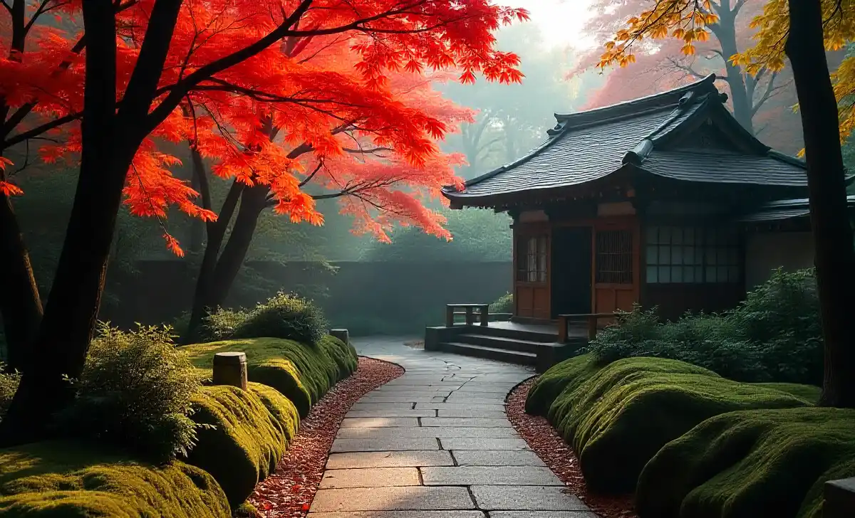 secret-jyokyo-spots-hidden-garden-path A serene, hidden stone garden path in a secret Jyokyo spot, leading to a traditional tea house under maple trees.