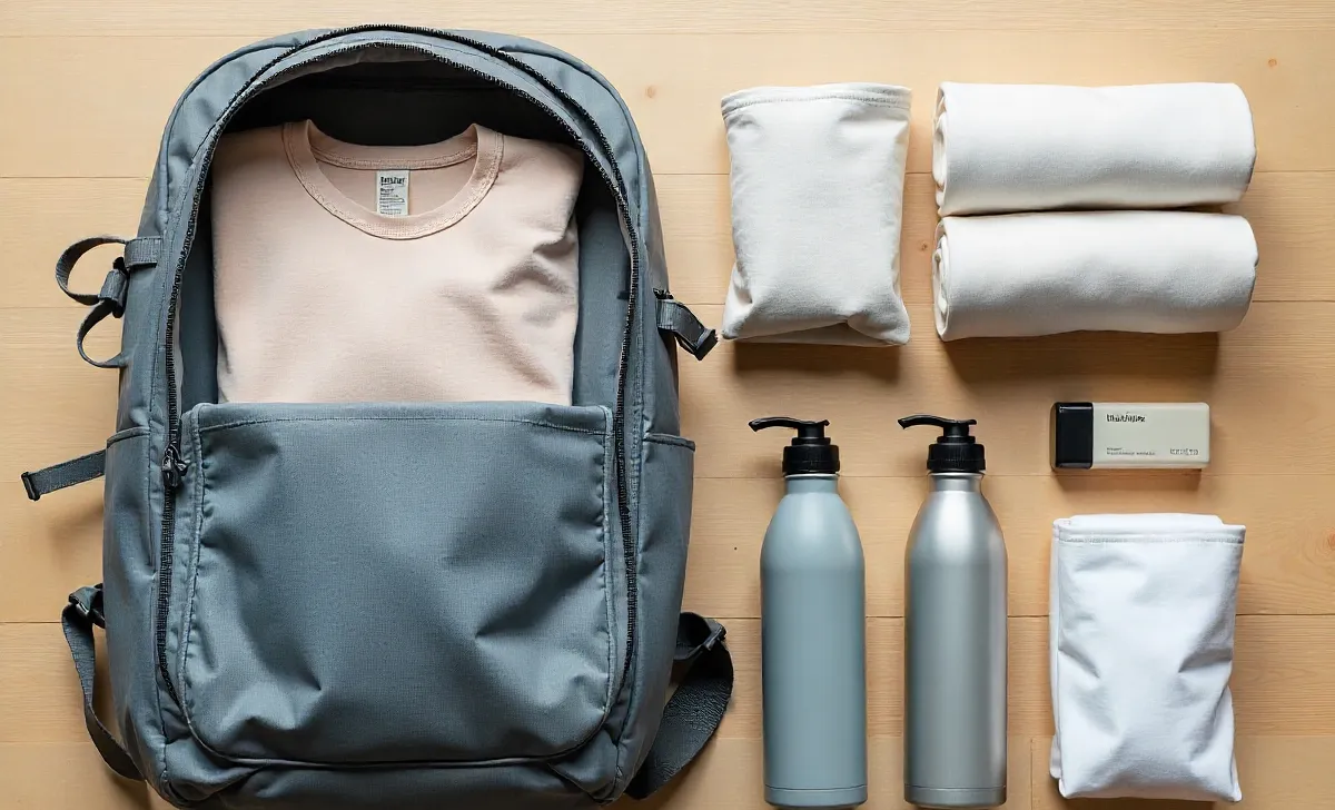 slow-travel-packing-list-essentials-flat-lay Minimalist flat lay of a complete slow travel packing list for a long-term solo trip, featuring an open backpack, packing cubes, and versatile clothing.