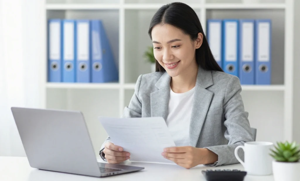A confident small business owner managing her taxes and finances efficiently in a modern home office.