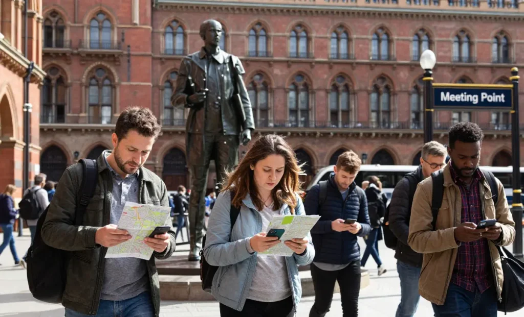 Travelers using left luggage services walking baggage-free through St Pancras International station, London.