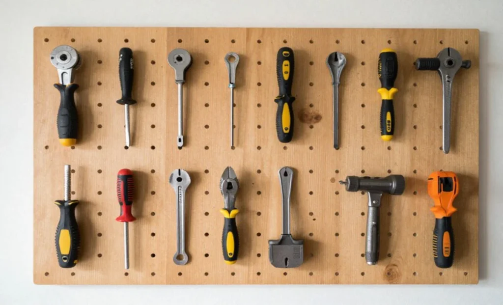 Collection of underrated home improvement tools including wire stripper speed square oscillating multitool and impact driver arranged on workshop wall