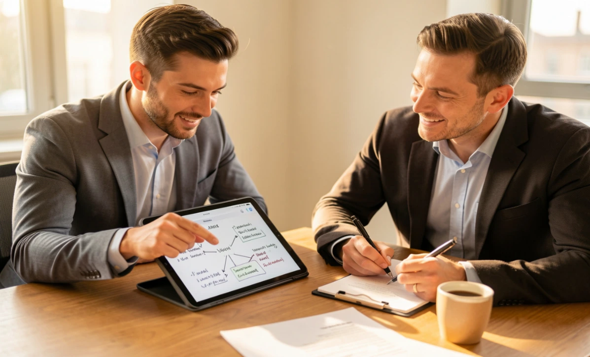 Business owner meeting with digital marketing agency representative to discuss services and contract details