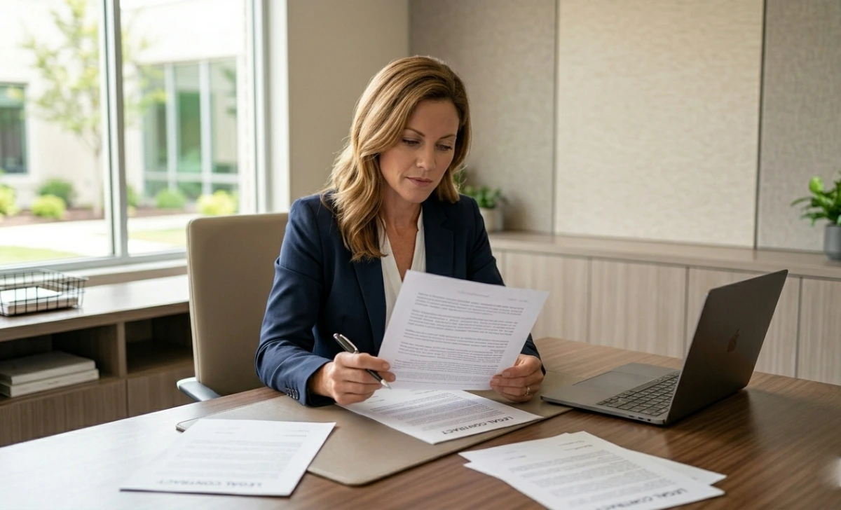 Person reading legal documents alone at a desk deciding when to hire an attorney