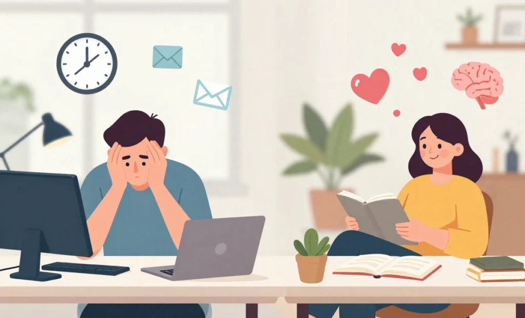 A split-image illustrating work-life balance mindset mistakes: stress and chaos on one side versus calm and harmony on the other.