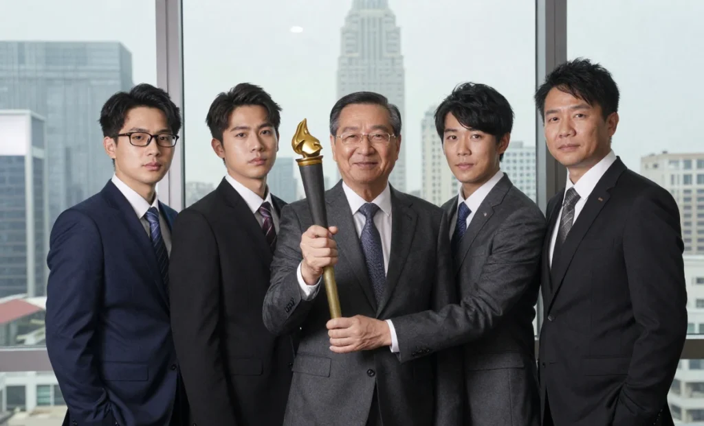 Billionaire father and two sons inside luxury penthouse office, overlooking $1.2B apartment empire skyline during formal succession handover.