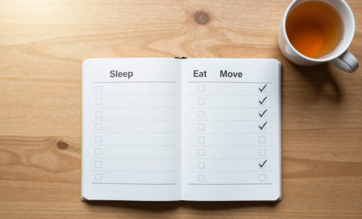 30-day wellness challenge tracker with sleep, eat, and move columns