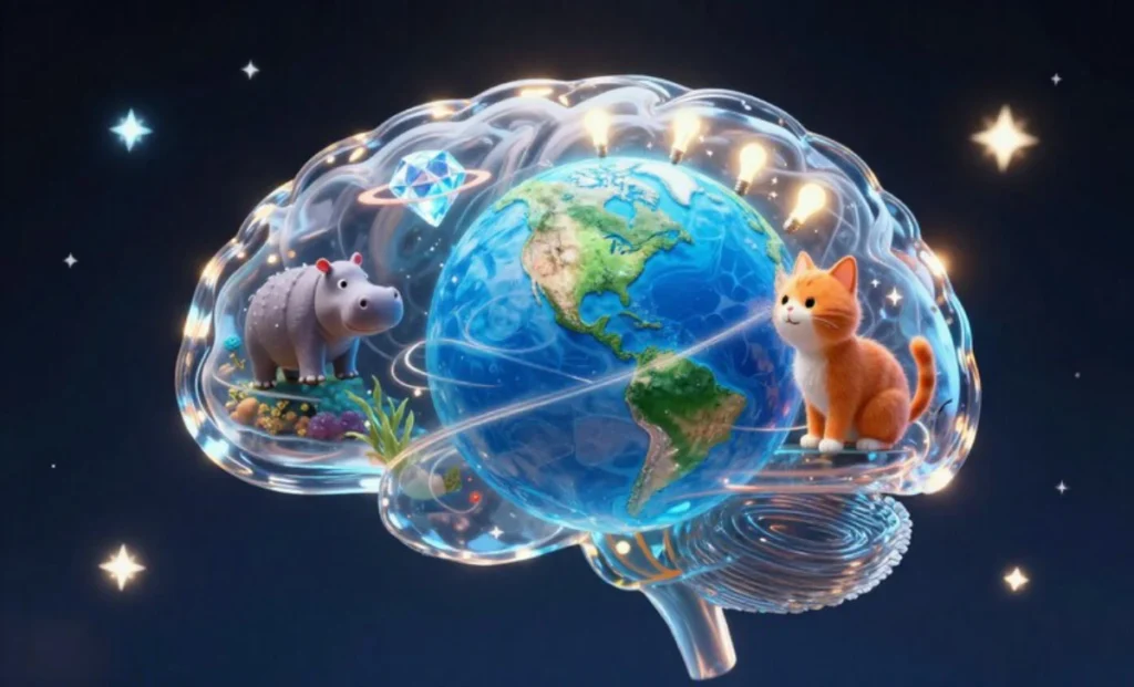 Illustration of a glass brain in space filled with fun facts about planets, hippos, cats, and Earth's magnetic field.