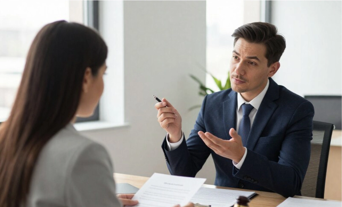 Essential Tips for Hiring a Lawyer - Client Protection Guide Client reviewing fee agreement before hiring a lawyer in consultation meeting