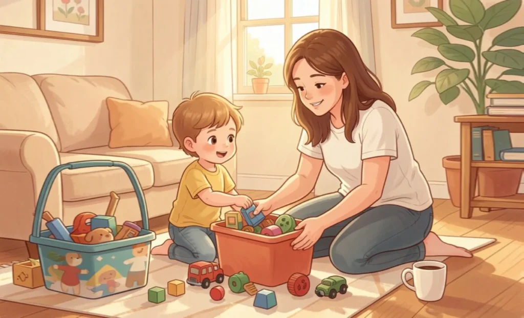 Parent and child working together to reduce household chaos by organizing toys in living room