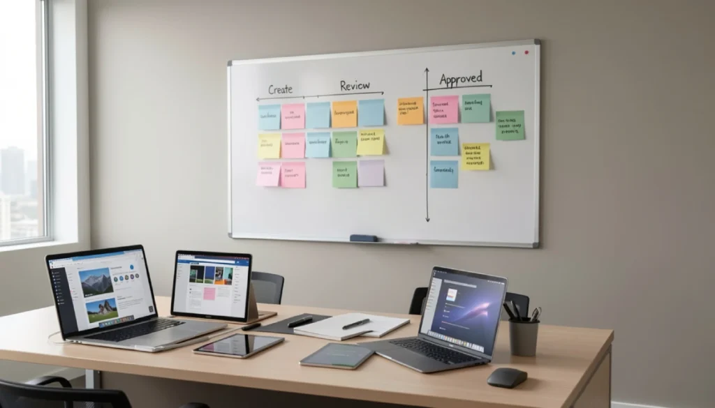 Team reviewing and approving content using a visual content approval workflow in a modern office setting