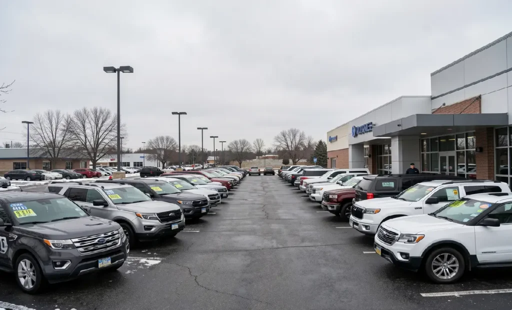 What the U.S. Auto Industry’s Rough Start in 2026 Means for Car Prices U.S. car dealership lot with unsold vehicles in early 2026 as auto industry car prices hit record highs