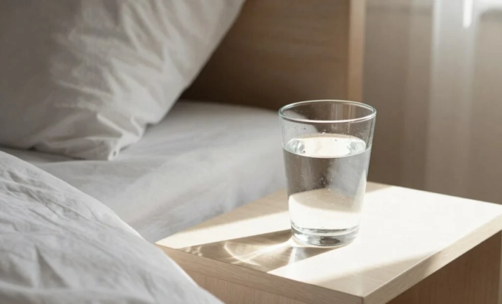 Wellness habits for healthier lifestyle showing water glass, exercise shoes, and morning routine setup